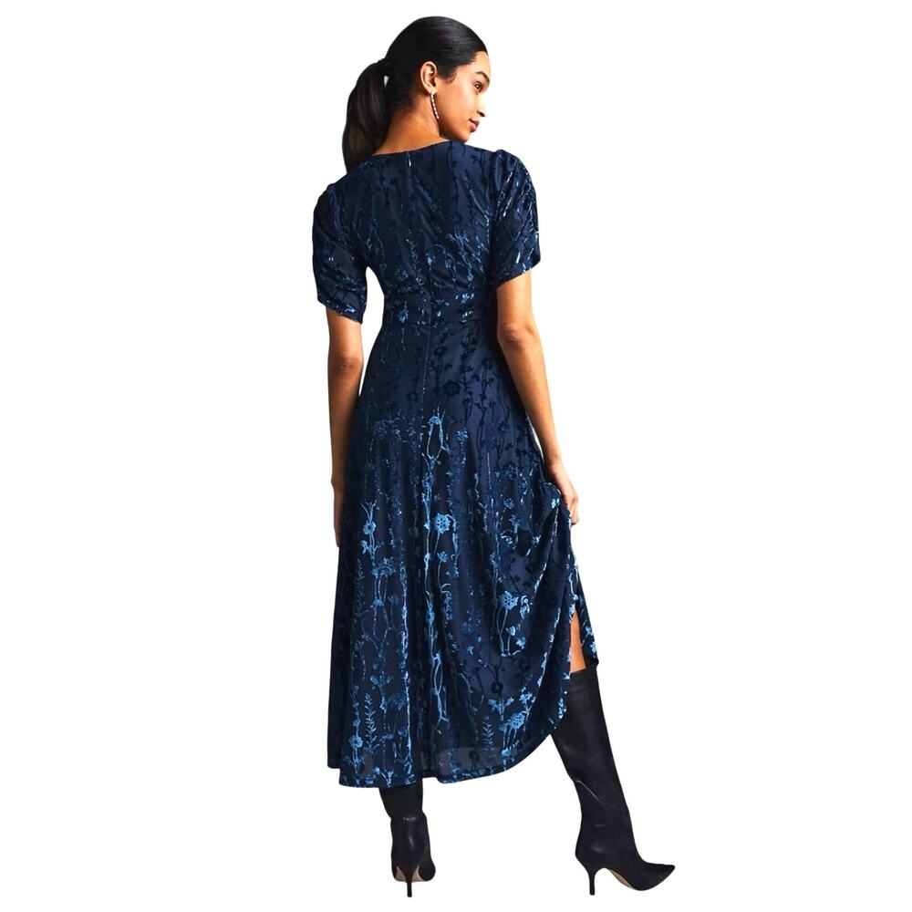 ANTHROPOLOGIE HUTCH Women’s Navy Blue Velvet Burnout Floral Midi Dress - Picture 2 of 6
